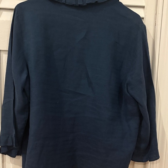 Navy Ruffled Wrap Linen Blouse - Picture 8 of 10